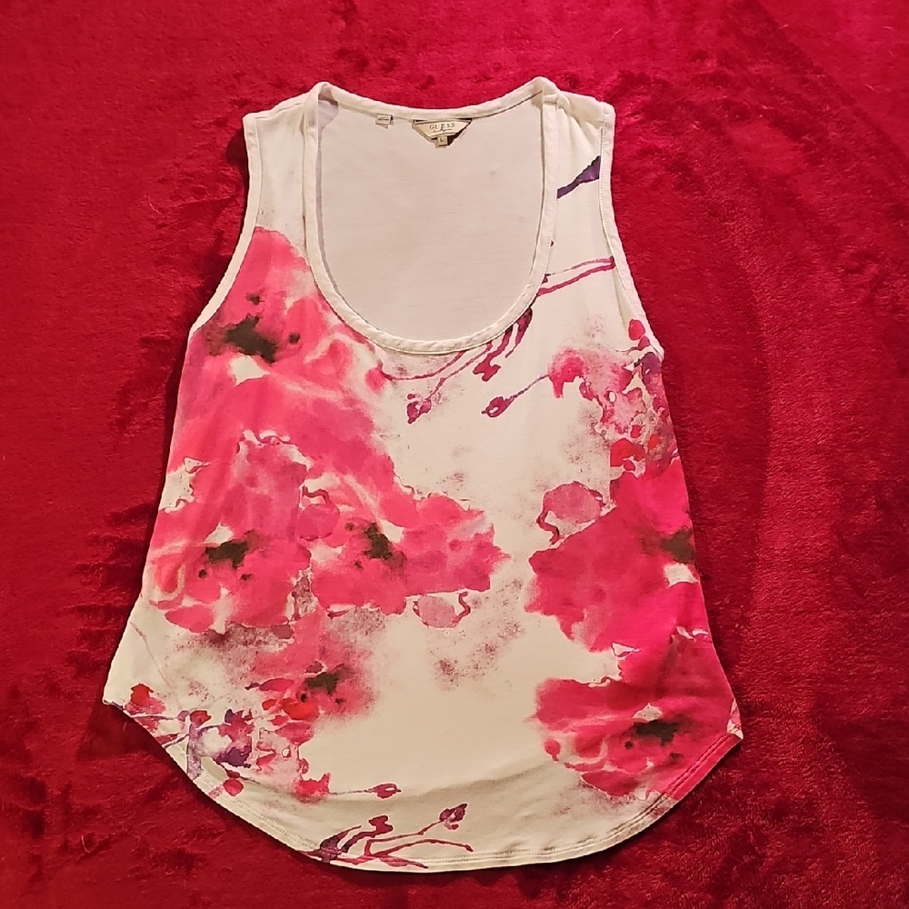 Guess Pink and White Floral Tank Top with Rounded Neckline size Large